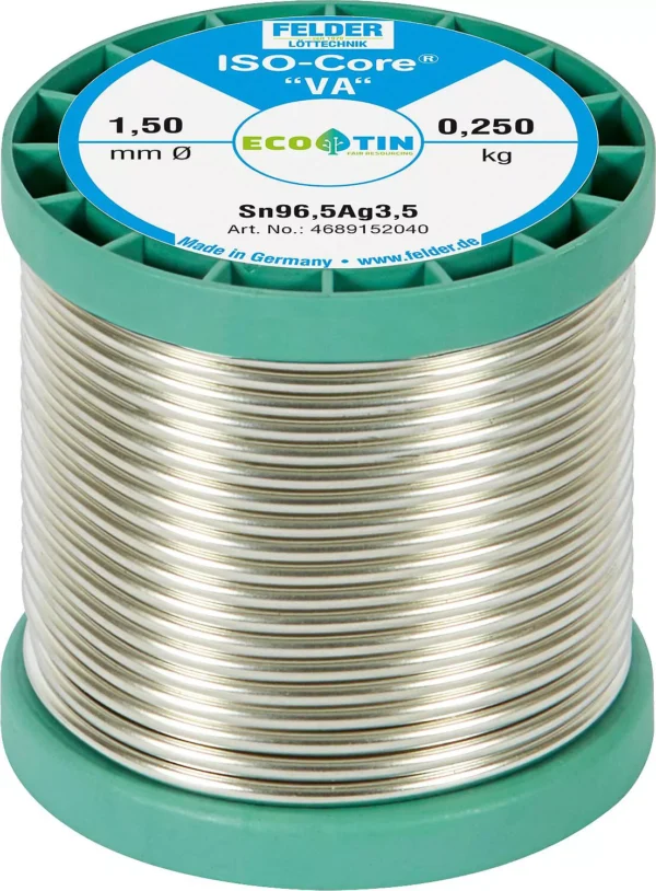 Žica za meko lemljenje za čelik i nehrđajući čelik ISO-Core "VA", S-Sn96,5Ag3,5, 4 % udjela fluksa, promjer 1,50 mm, 250 g,