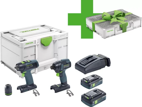 Set akumulatorskih alata Festool 18 V, 577431, sastoji se od akumulatorske bušilice-odvijača, akumulatorskog udarnog odvijača, 2 x 4,0 Ah akumulatora i punjača, uključujući Systainer