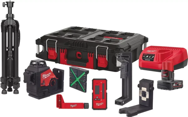 Križni linijski laser s akumulatorom Milwaukee 3PLKIT-401P 12V, komplet 3 x 360° s 1x akumulatorom 4,0 Ah i punjačem