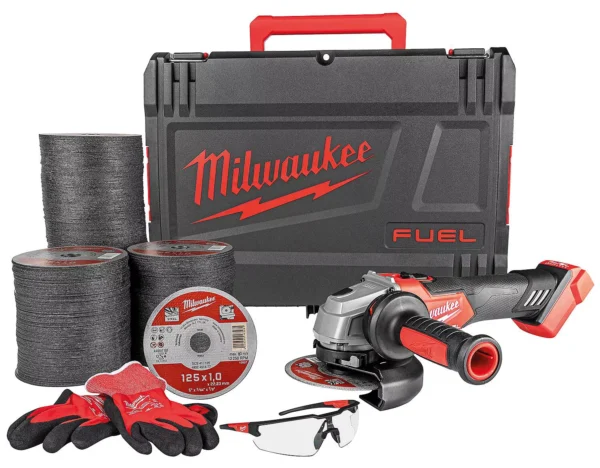 Promotivni set akumulatorske kutne brusilice Milwaukee s 400 reznih ploča, zaštitnim naočalama i rukavicama