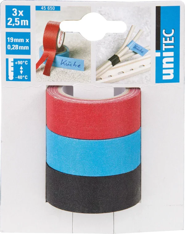 Set platnenih ljepljivih traka, 3 role, 19mm x 2,5m, plava, crna i crvena